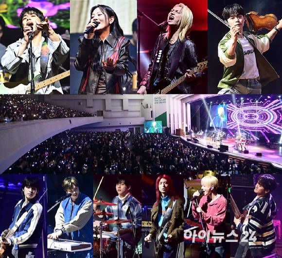 1일 서울 서대문구 이화여자대학교 대강당에서 열린 '2025 JOY콘서트 - 보이스 오브 스프링(Voice of spring)'에서 밴드 루시(LUCY), 엑스디너리 히어로즈(Xdinary Heroes), 볼빨간사춘기가 멋진 무대를 선보이고 있다. [사진=정소희 기자]
