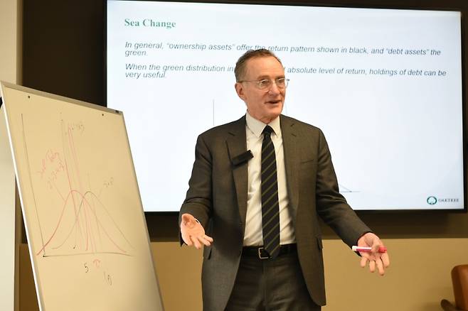 하워드 막스 오크트리 공동회장이 지난달 24일(현지시간) 뉴욕 오크트리 운용사 사무실에서 국내 언론 뉴욕특파원들과 인터뷰를 하고 있다. /사진=에이미 메이스