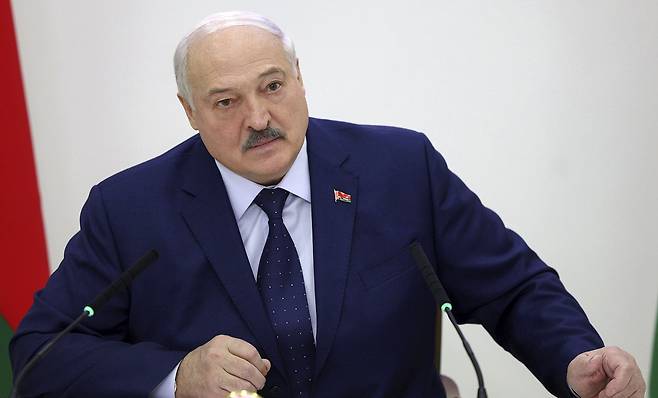 Belarusian President Alexander Lukashenko attends a press conference after he votes in the presidential elections at a polling station in Minsk, Belarus, on Jan. 26. (EPA via press service of the president of Belarus)