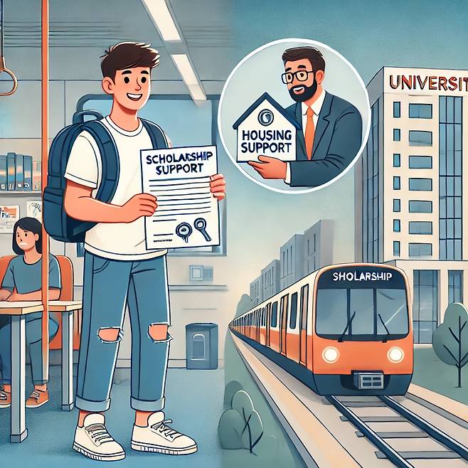 올해 2시간 이상 원거리 통학을 하는 기초·차상위 대학생은 한 달에 최대 20만원의 주거안정장학금을 지원받게 됐다. [챗GPT를 통해 제작]