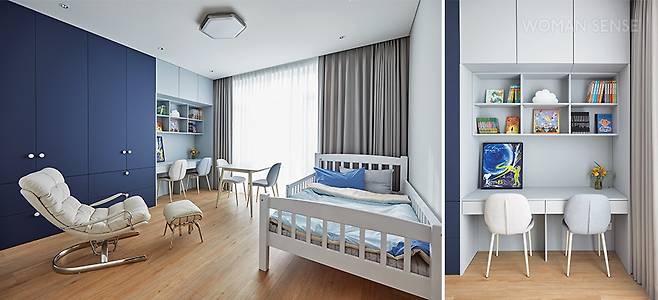 아들 방은 메라톤의 클린터치 사파이어, 도브그레이로 시원하면서도 단정한 느낌을 살렸고, 수납공간을 넉넉히 만들어 물건을 최대한 밖으로 내놓지 않아 방을 깔끔하게 유지할 수 있다. 아이들 방 바닥은 모두 안방과 같은 메라톤 플로링 시럽오크로 깔았다.