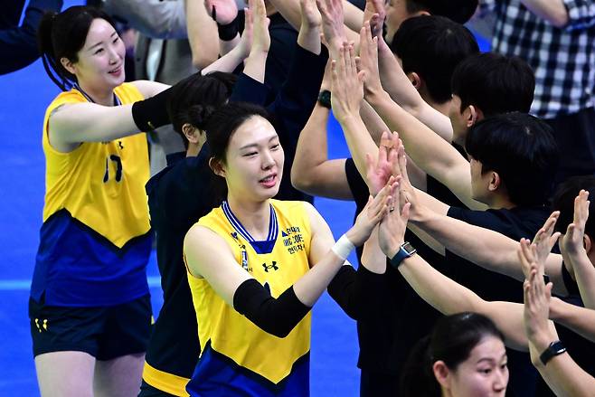 현대건설의 베테랑 미들블로커 양효진(중앙) [한국배구연맹 제공. 재판매 및 DB 금지]