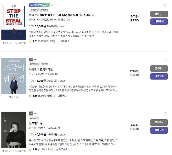 4일 교보문고 국내도서 분야에서 부정선거 의혹을 담은 ‘STOP THE STEAL’ 책과 윤석열 대통령 사진집인 ‘윤석열의 길’이 1위, 3위를 기록했다. [교보문고 캡처]