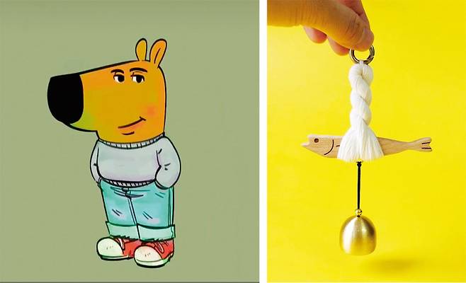 Chill Guy 캐릭터(왼쪽)와 인테리어에 활용되는 ‘액막이 명태’. [인스타그램 필립 뱅크스 계정 캡처, 빈티지나인 스토어 홈페이지 캡처]