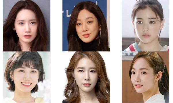 중안부가 길어도 예쁜 얼굴들을 보면 턱끝이 뚜렷하게 앞으로 나와 있습니다. (좌측 상단부터 시계 방향으로 윤아, 려원, 아오이 유우, 박은빈, 유인나, 박민영)