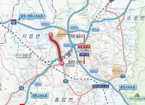 원주 흥업∼지정 우회도로 4차로 신설 계획 위치도. 원주시 제공