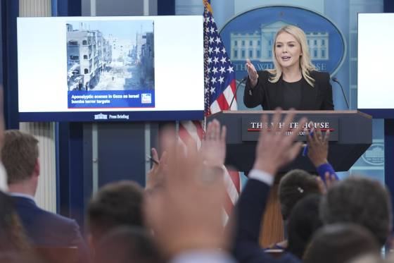 캐롤라인 레빗 백악관 대변인이 5일(현지시간) 워싱턴 DC 백악관에서 언론 브리핑을 하고 있다. AP=연합뉴스