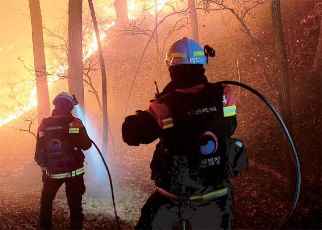지난해 경북 상주의 한 야간 산불 현장에서 진화대원들이 소화수를 뿌리고 있다.  산림청 제공