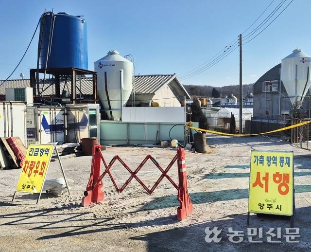 경기 양주시 은현면의 한 양돈장 주변에 인근에 외부인의 출입을 금지하는 안내 표지판과 노란 테이프, 차량 출입 차단막 등이 설치돼 있다.