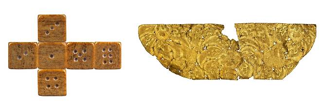 경주 '동궁과 월지' 동편에서 나온 유물  왼쪽부터 상아 주사위, 선각단화쌍조문금박 [국가유산청 제공. 재판매 및 DB 금지]