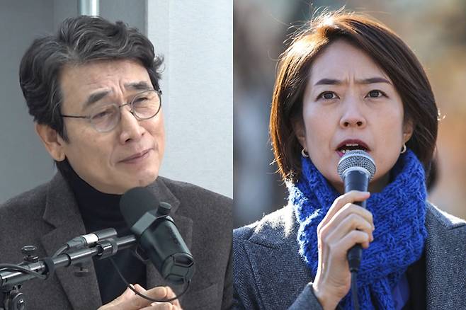 유시민 작가(왼쪽)‧더불어민주당 고민정 의원.&nbsp;유튜브 ‘매불쇼’ 캡처‧뉴시스