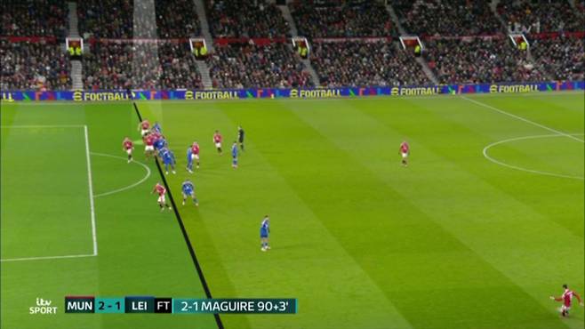 8일 맨체스터 유나이티드와 레스터 시티의 2024~25 FA컵 4라운드 후반 추가시간 결승골 장면. 브루누 페르난데스가 프리킥을 차는 순간 결승골을 넣은 해리 매과이어(하이라이트)를 포함해 4명의 맨유 선수들은 레스터 시티 수비진보다 앞에 위치했다. 사진=더선 캡처