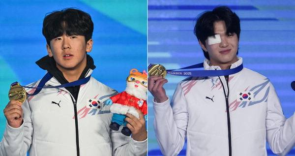 스노보드 남자 슬로프스타일에서 금메달을 차지한 이채운. 오른쪽 사진은 프리스타일 스키 남자 하프파이프 금메달리스트 이승훈. AFP·AP연합뉴스