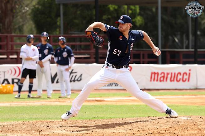 두산 새 외국인 투수 콜 어빈이 호주 시드니 스프링캠프에서 첫 라이브피칭을 하고 있다. 사진 | 두산 베어스