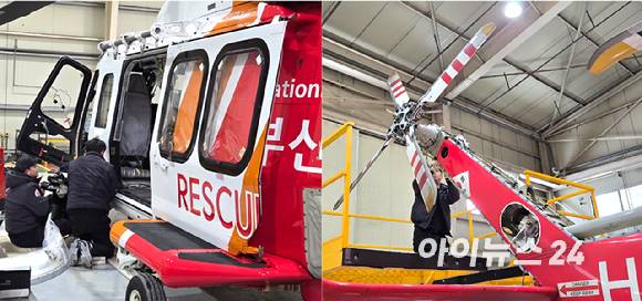 지난 6일 충남 예산 유아이헬리콥터 MRO센터에서 엔지니어들이 소방 헬기를 정비하고 있다. [사진=최란 기자]