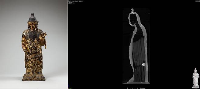 '목재불입상' 유물(왼쪽)과 CT 촬영 사진  [국립중앙박물관 제공. 재판매 및 DB 금지]