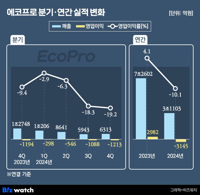 에코프로 분기 및 연간 실적 변화./그래픽=비즈워치