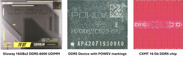 글로웨이 DDR5-6000 UDIMM에서 발견된 CXMT 16Gb DDR5(사진=테크인사이츠)