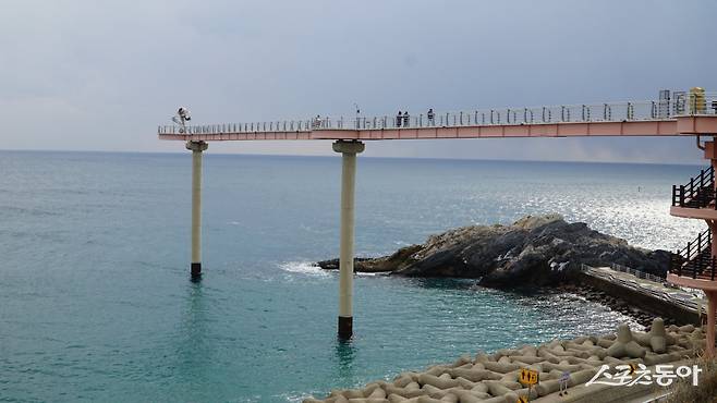 후포 등기산스카이워크는 바다 위로 뻗은 해상교량으로 높이 20m, 전체 길이 135m이다.이중 57m는 밑이 훤히 보이는 투명한 강화유리 설치 구간이이다        울진｜김재범 기자 oldfield@donga.com
