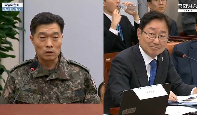 지난 10일 밤 국회 국방위원회 전체회의에서 ‘충암파 아니냐’는 박범계 더불어민주당 의원의 질의에 박성하 방첩사 기획관리실장(육군 대령)이 “충암고는 나와지만 충암고 인맥은 아니다”고 답하고 있다. 국회방송 갈무리