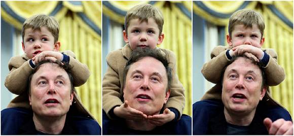 일론 머스크의 아들 'X Æ A-12'(엑스 애시 에이 트웰브)가 11일(현지시간) 미 백악관에서 머스크의 목말을 타고 등장하고 있다. [사진=로이터/연합뉴스]