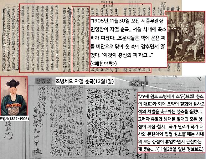 11월30일 시종무관장 민영환이 자결 순국했다. 그가 죽자 서울시내에 곡소리가 퍼졌다. 79세의 원로대신 조병세가 국가 원로로서 상소의 대표가 되어 ‘늑약의 무효’와 을사오적의 처단‘을 주장하는 상소문을 들고 입궐했다. 그러자 서울시내 상점이 근신 차원에서 철시했다. 12월1일 조병세도 자결순국했다.|<매천야록>·<일본공사관기록> 중에서