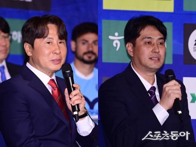 서울 김기동 감독(왼쪽)과 안양 유병훈 감독이 13일 서울 홍은동 스위스그랜드호텔에서 열린 ‘하나은행 K리그1 2025 개막 미디어데이’에서 취재진의 질문에 답하고 있다. 주현희 기자 teth1147@donga.com