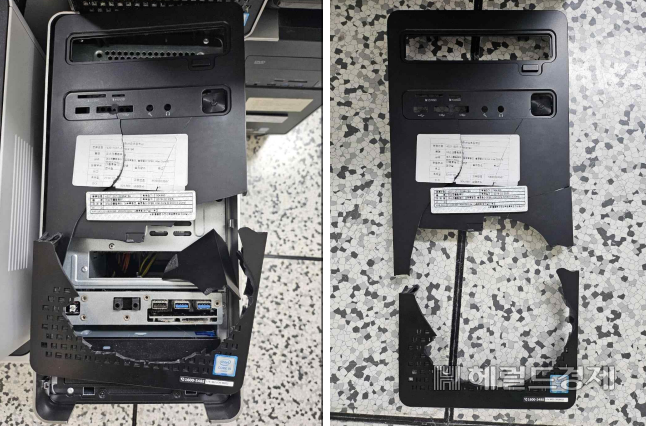 지난 10일 대전의 한 초등학교에서 김하늘(8) 양을 살해한 40대 교사 명씨가 범행 전에도 칼·가위 등을 곁에 두고 동료들의 질문에 대답을 안하는 등 수차례 기행을 일삼았던 것으로 확인됐다. 사진은 명씨가 파손한 대전 초등학교 컴퓨터. [김대식 의원실 제공]