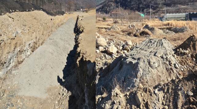 ▲밀양시 산내면 가인리 농지에 폐기물과 하천 잡석 등이 대규모로 매립돼 있다.ⓒ프레시안