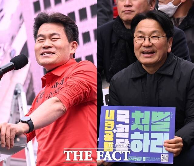 한국사 강사 전한길(왼쪽)이 15일 오후 광주광역시 동구 금남로 일대에서 열린 윤석열 대통령 탄핵 반대 집회에 참석해 발언하는 가운데, 강기정 광주시장이 같은 시간대 같은 장소에서 열린 윤석열 대통령 탄핵 찬성 집회에 참석해 피켓을 들고 있다. /광주=이새롬 기자