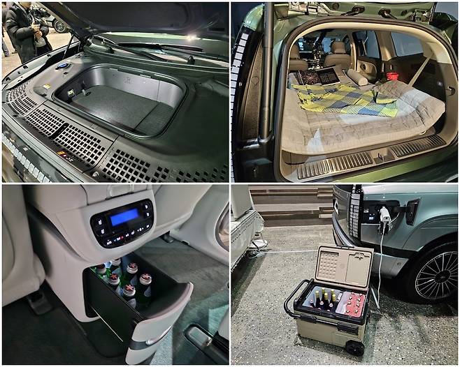 아이오닉 9 프렁크(왼쪽 위부터 시계방향), 트렁크, V2L 기능, 2열 빌트인 냉장고. 서재근 기자