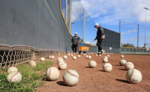 타격 훈련, 외야에 모인 공 신현우 기자 nowwego@yna.co.kr