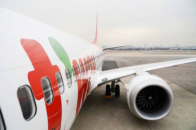 티웨이항공은 최근 안전 투자 확대 일환으로 항공기 예비 엔진을 추가 도입해 안전운항을 최우선하겠다고 밝혔다. 사진은 티웨이항공의 '보잉 737-8 항공기' 모습. (티웨이항공 제공)