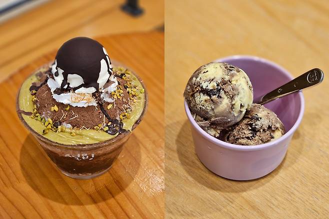 왼쪽부터 설빙 ‘잔망루피낭만초코설빙’, 배스킨라빈스 ‘아이스 초코 도쿄바나나’.