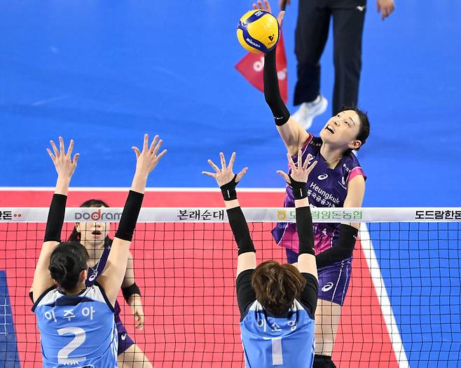 흥국생명 김연경이 16일 경기 화성종합체육관에서 열린 도드람 2024~2025 V리그 여자부 IBK기업은행과 경기에서 공격을 시도하고 있다.   한국배구연맹 제공