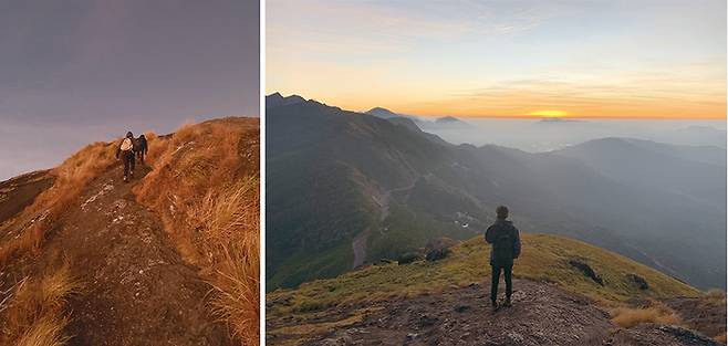 (좌)어둠을 뚫고 정상을 향해 빠르게 걸음을 옮겼다. (우)초크라무디 첫 번째 봉우리 정상에서 감상한 일출.