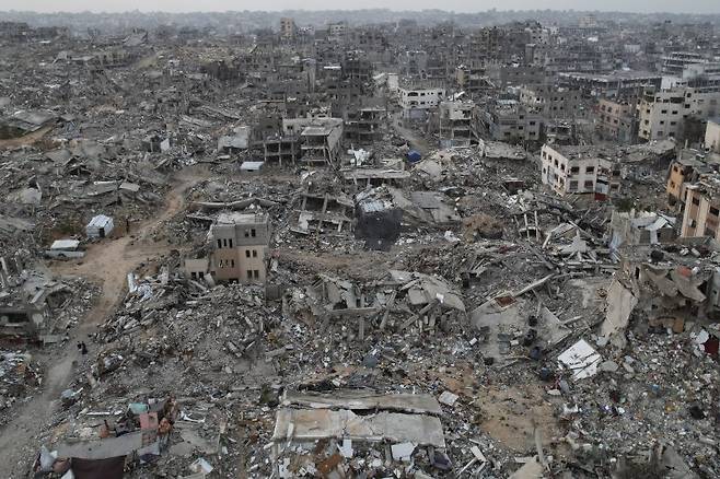 16일(현지시간) 촬영된 팔레스타인 가자지구 자발리야 지역의 항공 사진.AP뉴시스