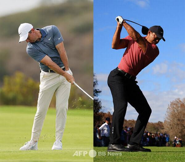 2025년 미국프로골프(PGA) 투어 시그니처 대회인 제네시스 인비테이셔널에 출전한 로리 맥길로이가 최종라운드에서 골프 스윙하는 모습이다. 타이거 우즈가 2024년 12월 PNC 챔피언십에서 스윙하는 모습이다. 사진제공=ⓒAFPBBNews = News1