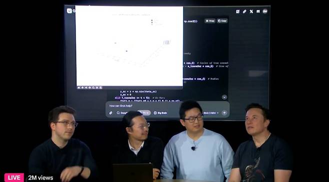 인공지능(AI) 기업 xAI를 이끄는 일론 머스크 테슬라 최고경영자(CEO, 오른쪽)가 17일(현지시각) X  스트리밍으로 최신 인공지능(AI) 모델 ‘그록3’을 공개하고 있다./X 갈무리