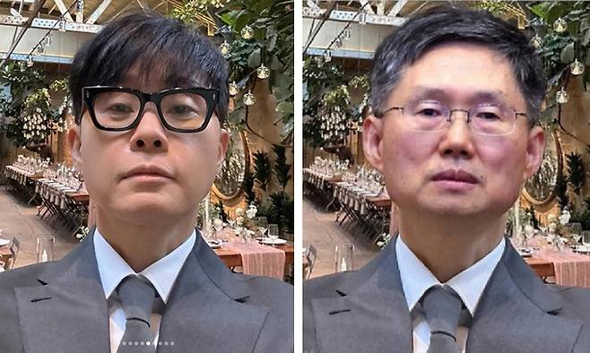 가수 이승환이 미국에서 조카 결혼식에 참석했다며 SNS에 올린 셀카 사진(왼쪽)과 이를 문형배 헌법재판소장 권한대행과 합성해 만든 사진. 인스타그램 캡쳐