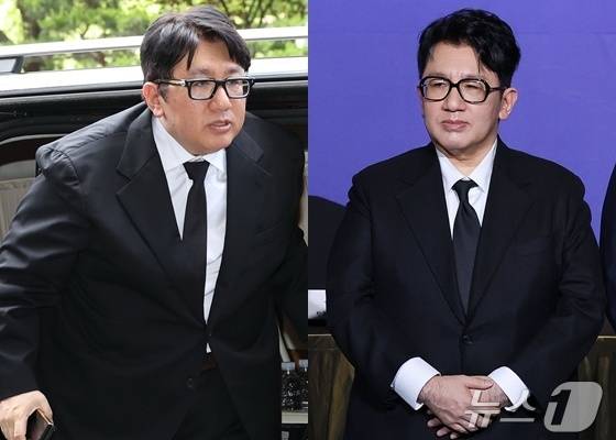 지난해 5월의 방시혁 의장(왼쪽), 20일 한국경제인협회 정기총회에 참석한 방 의장 ⓒ 뉴스1 DB