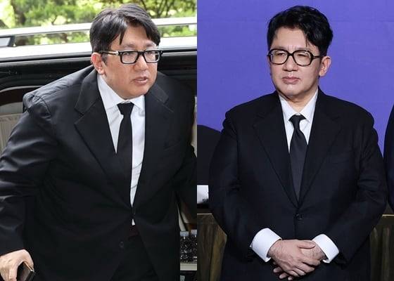 작년 5월의 방시혁 의장(왼쪽), 20일 한국경제인협회 정기총회에 참석한 방 의장./ 뉴스1