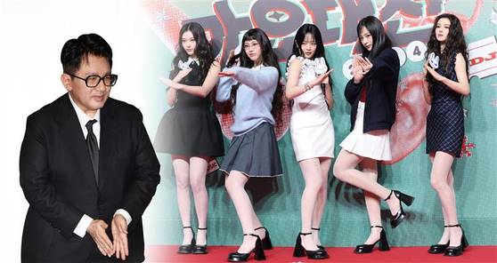 HYBE Chairman Bang Si-hyuk on Feb. 20, left, and members of girl group NewJeans at the Inspire Arena in Incheon on Dec. 25, 2024 [YONHAP, NEWS1]