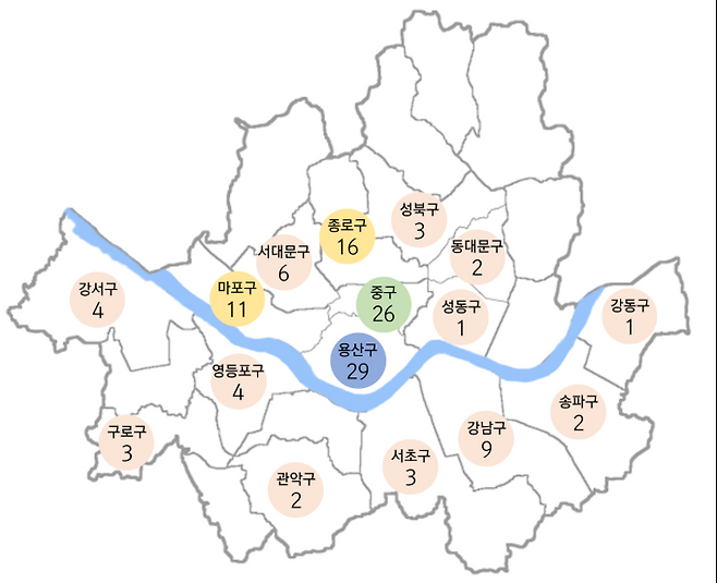 서울 시내 할랄 식당 분포도. 그래픽=채예빈 쿠키청년기자