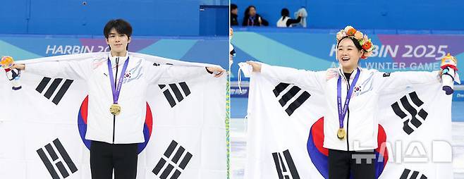 [하얼빈(중국)=뉴시스] 김선웅 기자 = 지난 13일(현지 시간) 중국 하얼빈 헤이룽장 빙상훈련센터에서 열린 2025 하얼빈 동계 아시안게임 남녀 피겨스케이팅 싱글 각 종목에서 김채연(오른쪽)과 차준환이 각각 금메달을 차지했다. 2025.02.13. mangusta@newsis.com