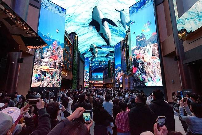 인스파이어를 찾은 방문객들이 오로라의 미디어 쇼를 관람하고 있다.