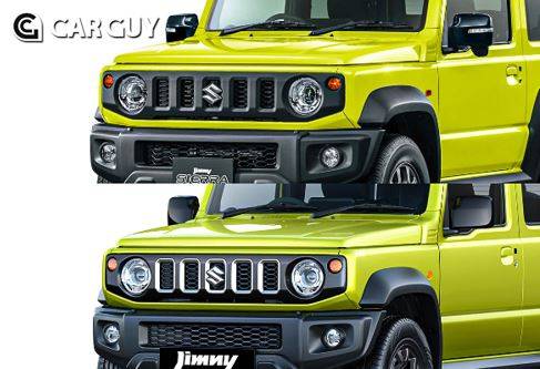 짐니 시에라 3도어(위쪽). 전면 5개 그릴이 블랙으로만 되어 있어 5도어(아래쪽) 도금 장식과 느낌이 살짝 다르다