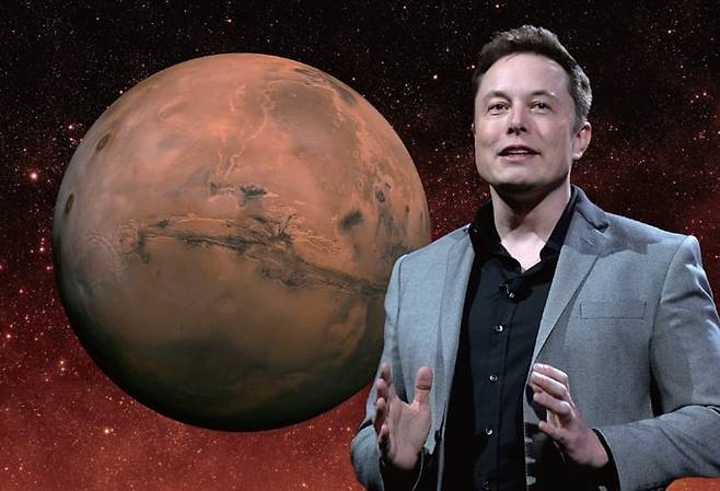머스크와 화성을 합성한 사진