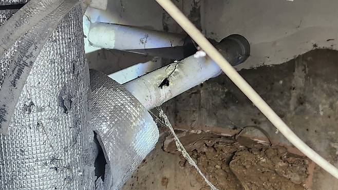지난 19일 오후 경기도 한 아파트 지하 생활하수관에 설치된 하수 파이프에 구멍이 나있다. 정의석 원스톱방역 대표는 "저런 구멍으로 들어간 쥐들이 배관을 타고 세대 안까지 침입하는 것"이라고 했다. /최정석 기자