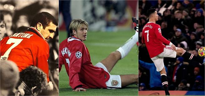 맨유의 유명한 7번 계보를 대표하는 에릭 칸토나, 데이비드 베컴, 크리스티아누 호날두(왼쪽부터).&nbsp; 각 선수 인스타그램